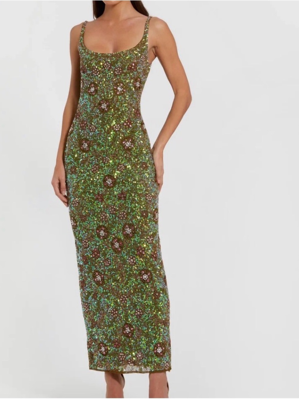 Macduggal Green Sleeveless Hand Embellished Floral Maxi Dress